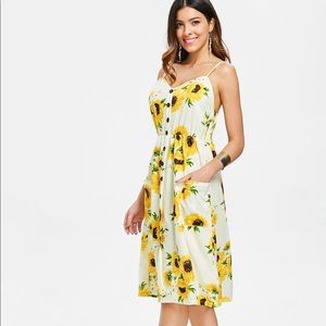 Sunflower Print Button Up A Line Cami Dress